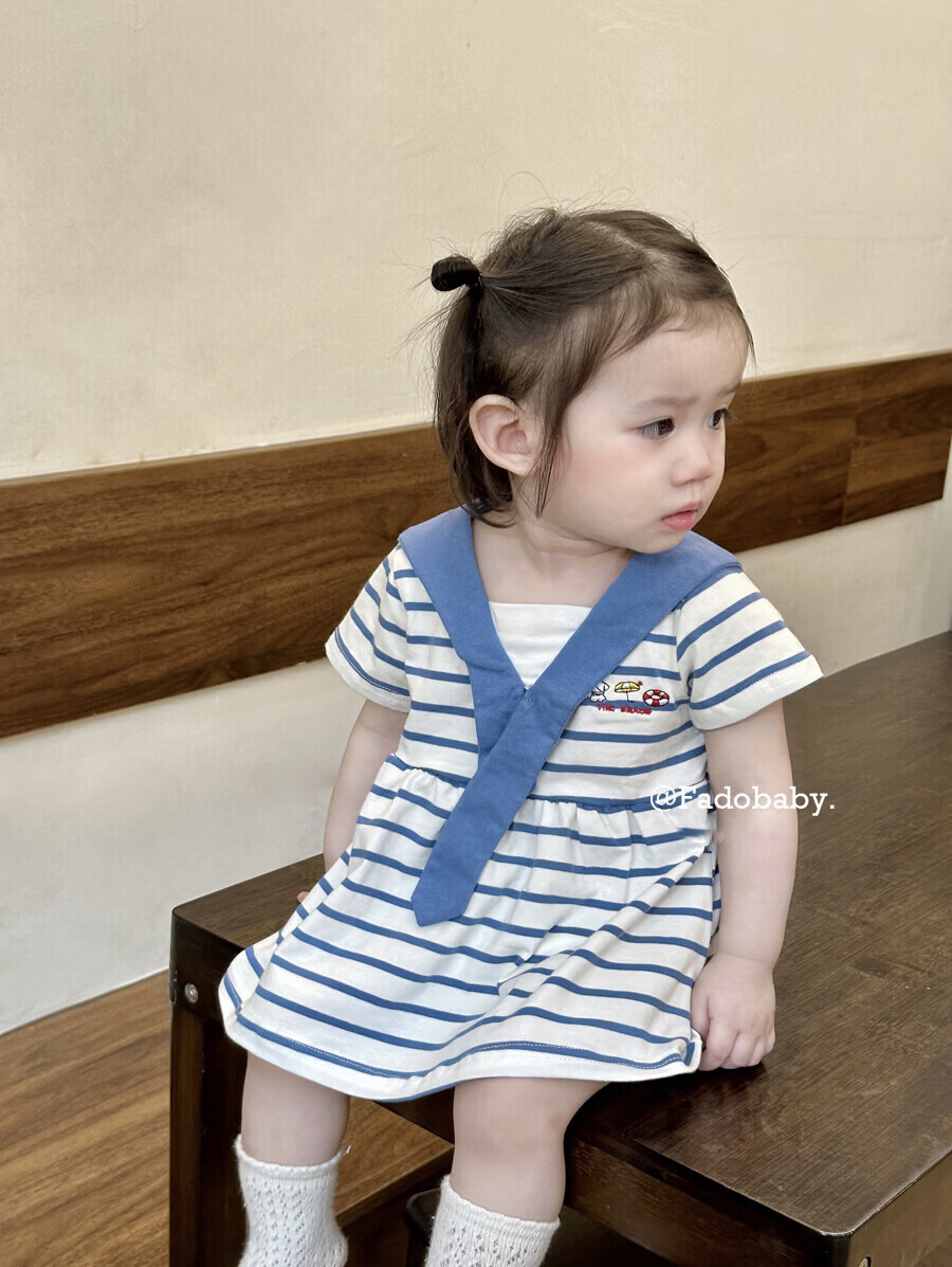 FADOBABY Girls' Navy Collar Striped Short Sleeve Summer Dress Newborn Toddler Cotton Princess Dress Summer 18
